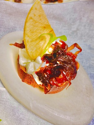 "Bleu des Basques" cream cheese with glazed pear and red onion jam